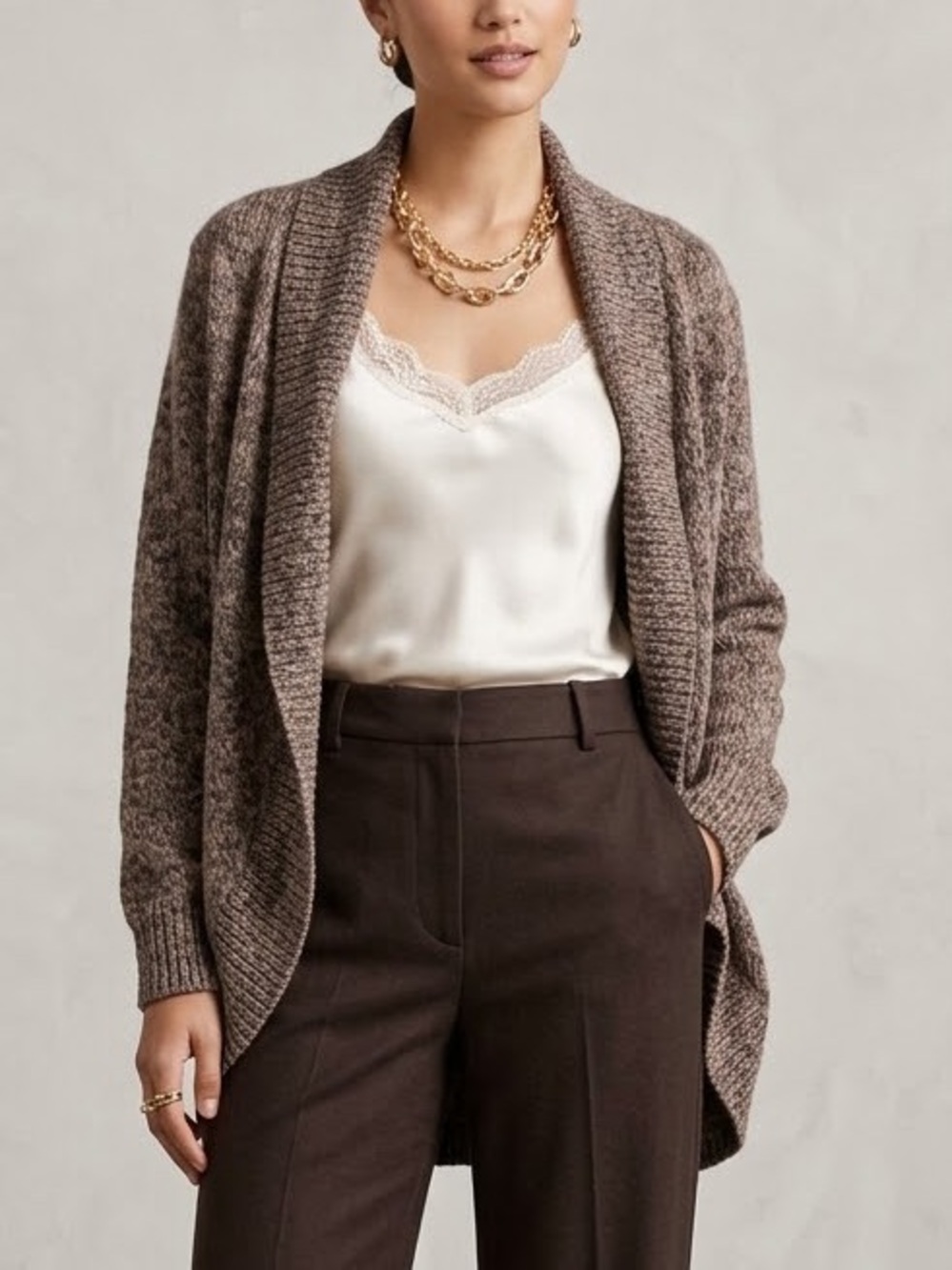 Cabi Brown Tan Space Dye Open Front‎ Shawl Collar Chunky Knit Cardigan XS